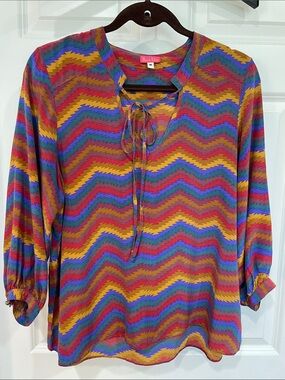 Bianca Coletti Silk Chevron Blouse Medium 3/4 Sleeve Multicolor Tie Neck Zigzag